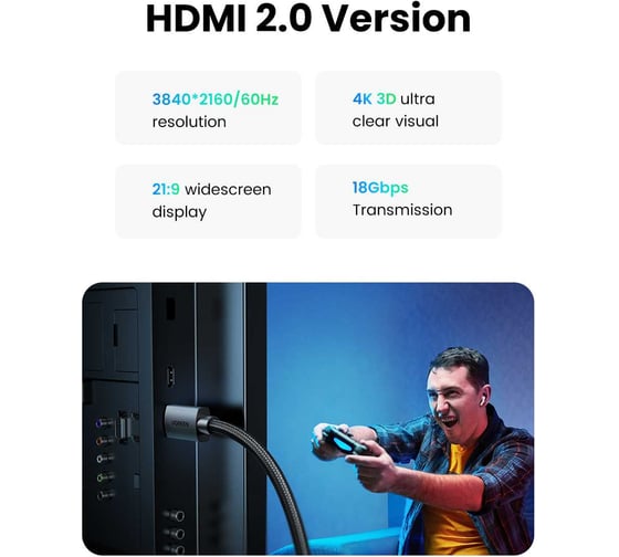 Кабель Ugreen HD119 4K HDMI Cable Male to Male Braided. Длина: 10м. Цвет: черный 40104_