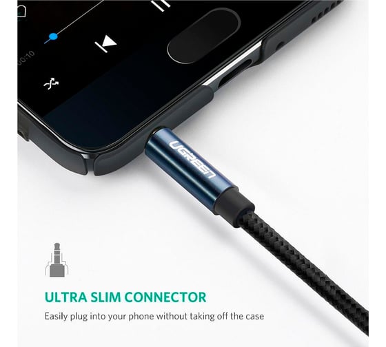 Кабель Ugreen AV112 3.5mm Male to 3.5mm Male Cable Gold Plated Metal Case with Braid 5 м, синий 10689_