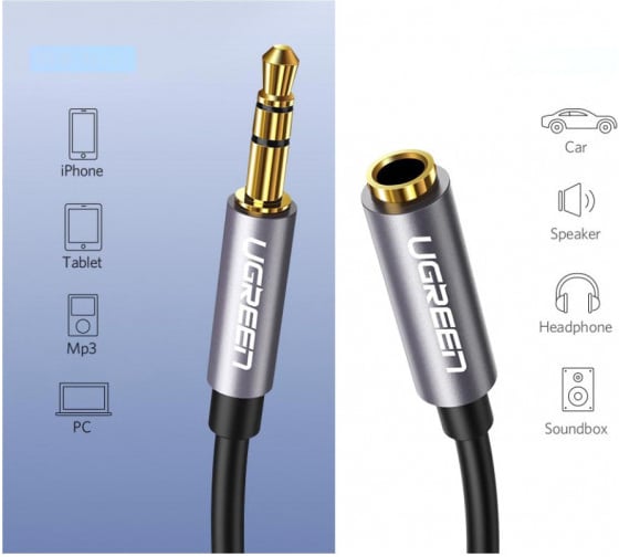 Кабель Ugreen AV118 3.5mm Male to 3.5mm Female Extension Cable 2 м, черный/серый 10594_