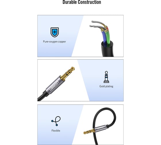 Кабель Ugreen AV118 3.5mm Male to 3.5mm Female Extension Cable 2 м, черный/серый 10594_