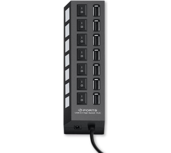 Разветвитель Gembird USB2.0, 7хUSB, с доп.питанием, подсветкой и выключателем, кабель USB 55см, черный, коробка UHB-U2P7-01 1