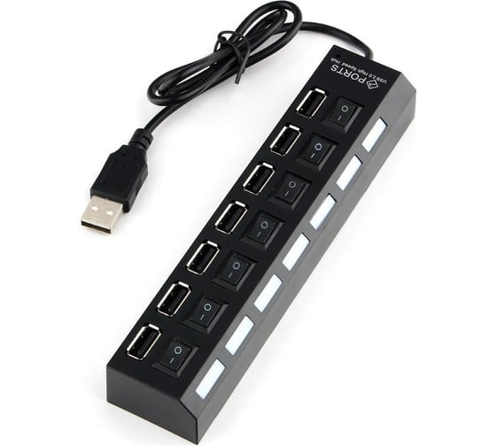 Разветвитель Gembird USB2.0, 7хUSB, с доп.питанием, подсветкой и выключателем, кабель USB 55см, черный, коробка UHB-U2P7-01