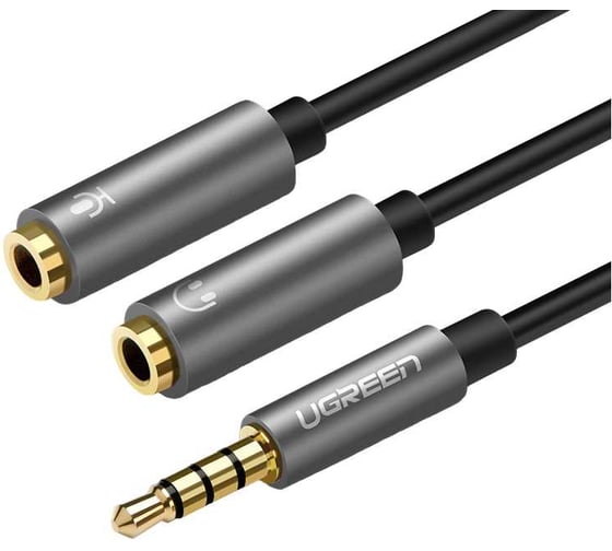 Кабель Ugreen AV141 3.5mm male to 2 Female Audio Cable Aluminum Case, 20см, черный 30619_