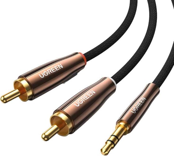 Кабель Ugreen AV170 3.5mm Male to 2 RCA Copper Case Braided Aux Cable, 2м, черный/темно-медный 80847_