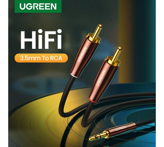Кабель Ugreen AV170 3.5mm Male to 2 RCA Copper Case Braided Aux Cable, 1м, черный/темно-медный 80845