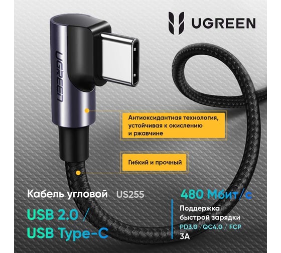 Кабель угловой Ugreen US255 USB-C 2.0 Male to Angled 90 USB-C 2.0 Male 3A Data Cablel, 0.5м, серо-черный 50122_