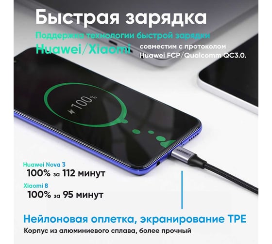 Кабель угловой Ugreen US255 USB-C 2.0 Male to Angled 90 USB-C 2.0 Male 3A Data Cablel, 0.5м, серо-черный 50122_