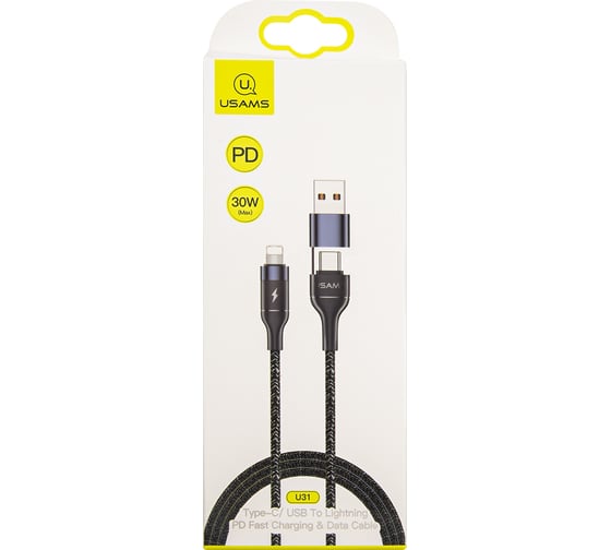 USAMS Дата-Кабель SJ404 Power Delivery 2 в 1,  Type-C/USB - Lightning (1.2 м), черный УТ000021072