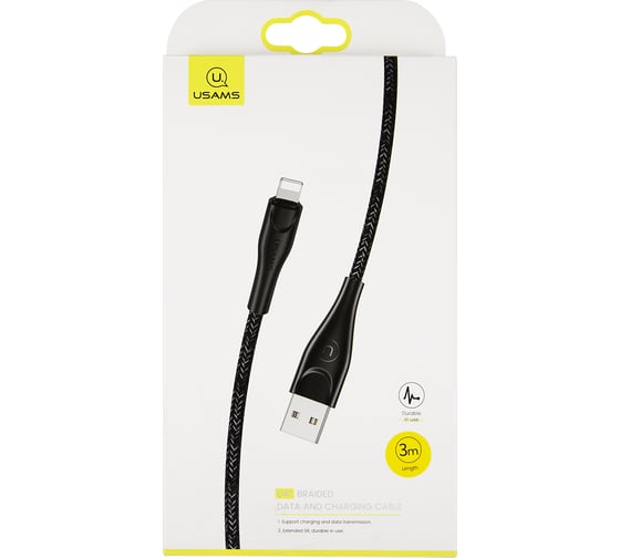 USAMS Дата-Кабель SJ397 USB - Lightning (3 м) нейлоновая оплетка, черный (SJ397USB01) УТ000021062