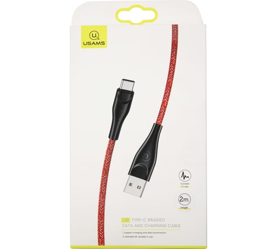 USAMS Дата-Кабель SJ395 USB - Type-C (2 м) нейлоновая оплетка, красный (SJ395USB02) УТ000021059