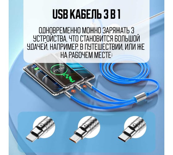 Кабель быстрой зарядки ZDK 3в1 (usb type c, micro usb, lightning) 120 см, цвет синий, one30blue