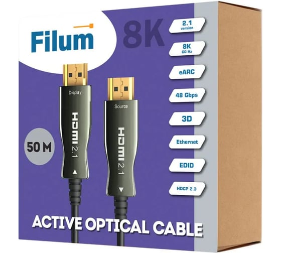 Активный оптический кабель Filum HDMI v.2.1, 8K/60HZ, HDMIv.2.1, ARC, 48 Гб/с, 19M/19M, черный, 50 м FL-AOC-HDMI2.1-50M