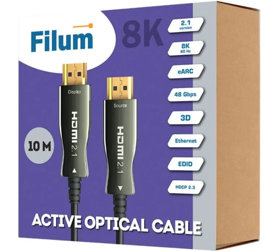 Активный оптический кабель Filum HDMI v.2.1, 8K/60HZ, ARC, 48 Гб/с, 19M/19M, черный, 10 м FL-AOC-HDMI2.1-10M