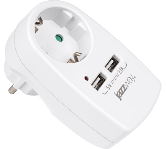 Разветвитель-адаптер с заземлением Jаzzway 16А AD-1GU IP20, защитные шторки, 2 USB порта 5В 5051744 1