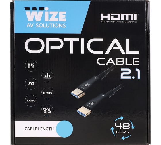Кабель HDMI Wize AOC-8K-HM-HM-50M оптический, малодымный, 50 м, 8K/60HZ 4:4:4, v.2.1, ARC, 19M/19M, HDCP 2.2, Ethernet, черный, коро \6\ 147479