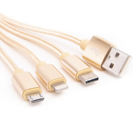 Шнур Atom Evolution USB A 2.0-USB Type-C,USB B micro,Lightning, 0,2 м, штекер/штекер, золотой, 31038