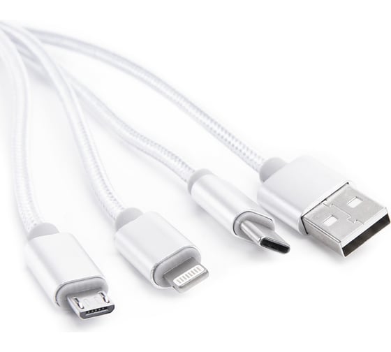 Шнур Atom Evolution USB A 2.0-USB Type-C,USB B micro,Lightning, 0,2 м, штекер/штекер, серебряный 31040