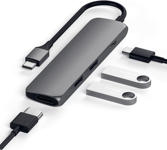 USB-адаптер SATECHI Slim Aluminum Type-C Multi-Port Adapter with Type-C Charging Port. Интерфейс USB-C. Порты USB Type-C, 2хUSB 3.0, 4K HDMI, серый космос. ST-CMAM