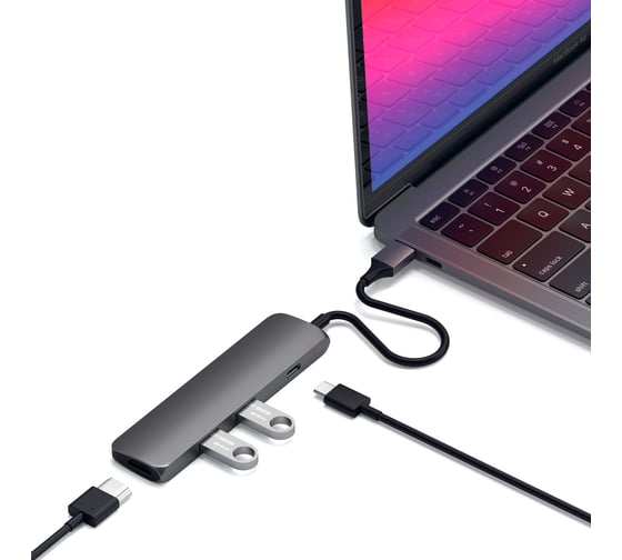 USB-адаптер SATECHI Slim Aluminum Type-C Multi-Port Adapter with Type-C Charging Port. Интерфейс USB-C. Порты USB Type-C, 2хUSB 3.0, 4K HDMI, серый космос. ST-CMAM