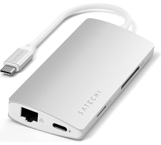 USB-концентратор SATECHI Aluminum Multi-Port Adapter V2. Интерфейс USB-C. 3 порта USB 3.0, 1 порт 4K HDMI, 1 порт Ethernet RJ-45, SD/micro-SD кардридер, серебряный ST-TCMA2S