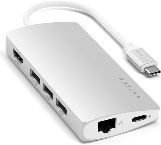 USB-концентратор SATECHI Aluminum Multi-Port Adapter V2. Интерфейс USB-C. 3 порта USB 3.0, 1 порт 4K HDMI, 1 порт Ethernet RJ-45, SD/micro-SD кардридер, серебряный ST-TCMA2S