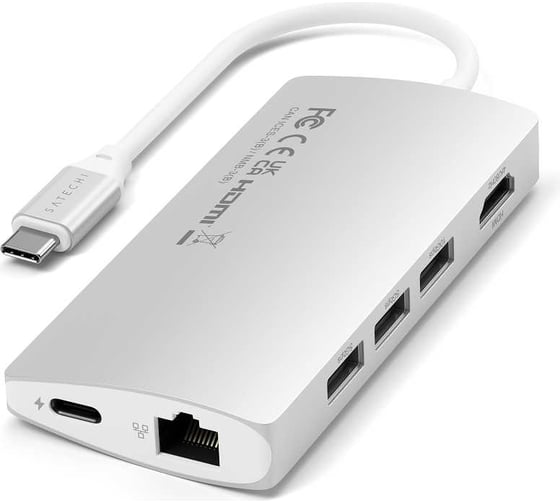 USB-концентратор SATECHI Aluminum Multi-Port Adapter V2. Интерфейс USB-C. 3 порта USB 3.0, 1 порт 4K HDMI, 1 порт Ethernet RJ-45, SD/micro-SD кардридер, серебряный ST-TCMA2S