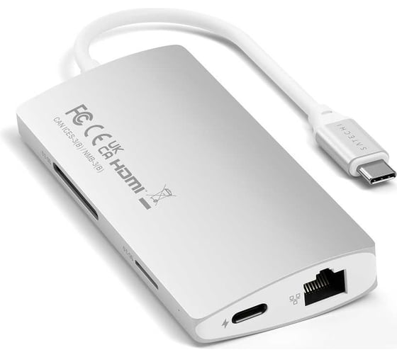 USB-концентратор SATECHI Aluminum Multi-Port Adapter V2. Интерфейс USB-C. 3 порта USB 3.0, 1 порт 4K HDMI, 1 порт Ethernet RJ-45, SD/micro-SD кардридер, серебряный ST-TCMA2S