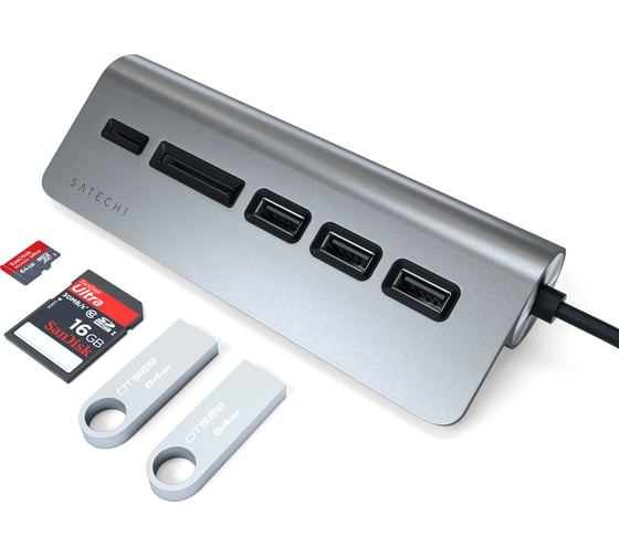 USB-концентратор SATECHI Type-C USB Hub х Micro/SD Card Reader. Интерфейс USB-C. 3 порта USB 3.0, слоты для карты памяти, серый космос ST-TCHCRM