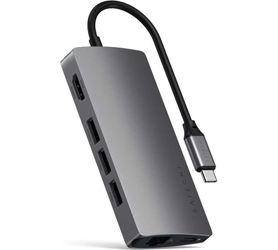 USB-концентратор SATECHI Aluminum Multi-Port Adapter V2. Интерфейс USB-C. 3 порта USB 3.0, 1 порт 4K HDMI, 1 порт Ethernet RJ-45, SD/micro-SD кардридер, серый космос ST-TCMA2M
