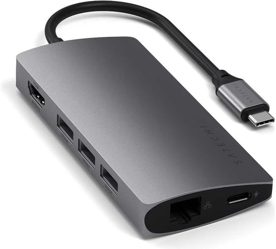 USB-концентратор SATECHI Aluminum Multi-Port Adapter V2. Интерфейс USB-C. 3 порта USB 3.0, 1 порт 4K HDMI, 1 порт Ethernet RJ-45, SD/micro-SD кардридер, серый космос ST-TCMA2M
