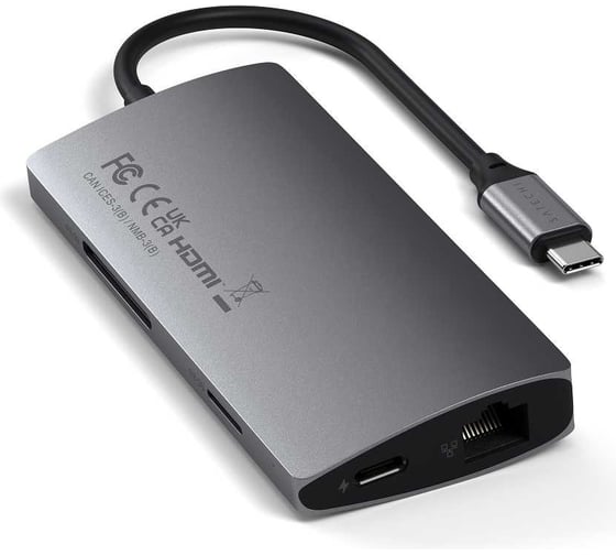 USB-концентратор SATECHI Aluminum Multi-Port Adapter V2. Интерфейс USB-C. 3 порта USB 3.0, 1 порт 4K HDMI, 1 порт Ethernet RJ-45, SD/micro-SD кардридер, серый космос ST-TCMA2M