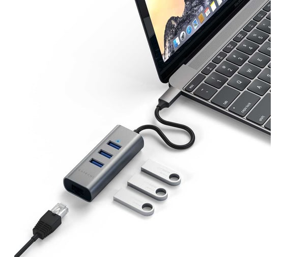 USB-хаб SATECHI Type-C 2-in-1 USB 3.0 Aluminum 3 Port Hub and Ethernet Port. Интерфейс Type-C, серый космос ST-TC2N1USB31AM