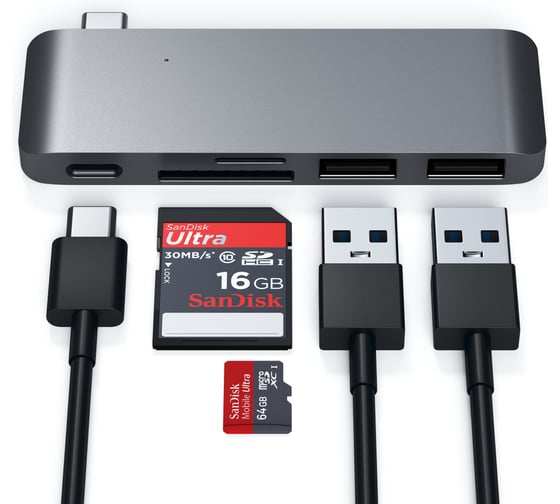 USB-хаб SATECHI Type-C USB 3.0 Passthrough Hub для Macbook 12. Порты: 1x USB-C, 2 x USB 3.0, SD, microSD, серый космос ST-TCUPM
