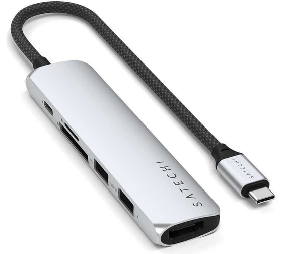 Адаптер SATECHI 6-in-1 1xUSB-C PDх1x1 USB-A 10GbpsхUSB-A 480MbpsхHDMI 4K-60HzхMicro/SD Card Slim Multiport Adapter, серебристый ST-P6SS
