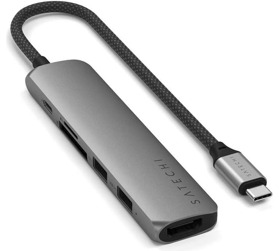Адаптер SATECHI 6-in-1 1xUSB-C PDх1x1 USB-A 10GbpsхUSB-A 480MbpsхHDMI 4K-60HzхMicro/SD Card Slim Multiport Adapter, серый космос ST-P6SM