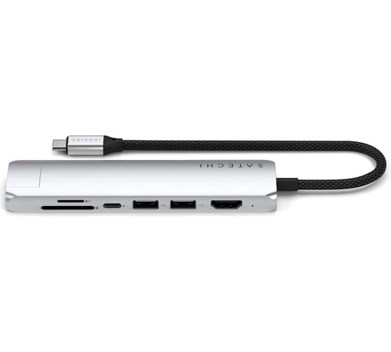 Адаптер SATECHI 7-in-1 1хUSB-Cх2xUSB-A3.2 Gen2хHDMI 4K-60HzхEthernet 1 GigabitхMicro/SD Card Reader Slim Multiport Adapter with Ethernet, серебристый ST-P7SS