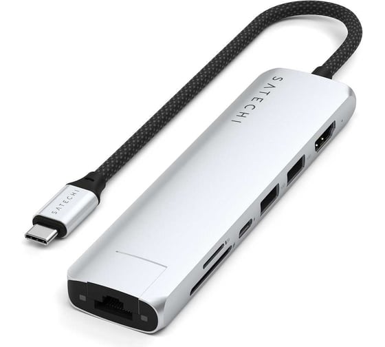 Адаптер SATECHI 7-in-1 1хUSB-Cх2xUSB-A3.2 Gen2хHDMI 4K-60HzхEthernet 1 GigabitхMicro/SD Card Reader Slim Multiport Adapter with Ethernet, серебристый ST-P7SS
