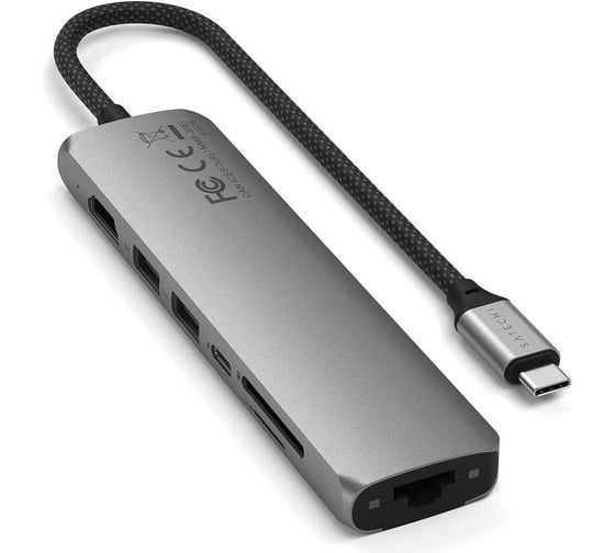 Адаптер SATECHI 7-in-1 1хUSB-Cх2xUSB-A3.2 Gen2хHDMI 4K-60HzхEthernet 1 GigabitхMicro/SD Card Reader Slim Multiport Adapter with Ethernet, серый космос ST-P7SM