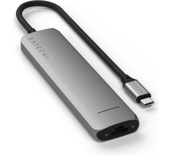 Адаптер SATECHI 7-in-1 1хUSB-Cх2xUSB-A3.2 Gen2хHDMI 4K-60HzхEthernet 1 GigabitхMicro/SD Card Reader Slim Multiport Adapter with Ethernet, серый космос ST-P7SM