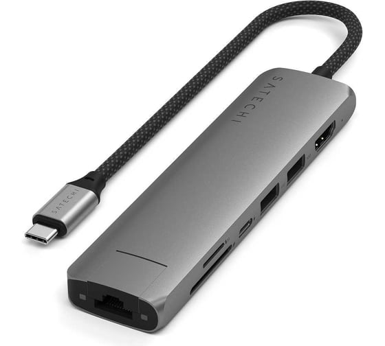 Адаптер SATECHI 7-in-1 1хUSB-Cх2xUSB-A3.2 Gen2хHDMI 4K-60HzхEthernet 1 GigabitхMicro/SD Card Reader Slim Multiport Adapter with Ethernet, серый космос ST-P7SM