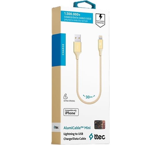 Кабель TTEC AlumiCable Ligthning - USB-A Charge&Data Mini Cable. Длина: 30 см, Цвет: золотой 2DK28A