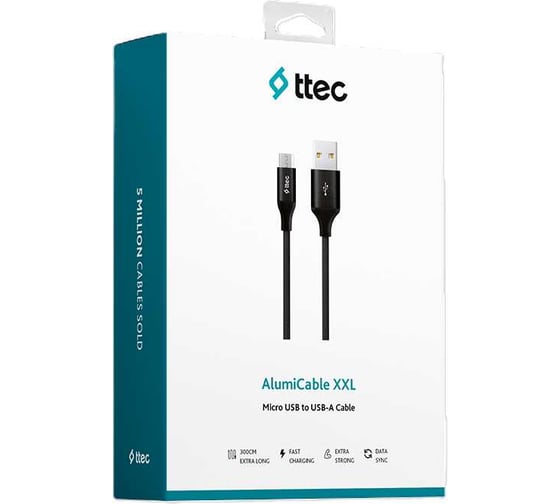 Кабель TTEC AlumiCable USB-A - Micro USB Charge/Data Cable 2.0 XXL. Длина: 3м. Цвет: черный 2DK22S