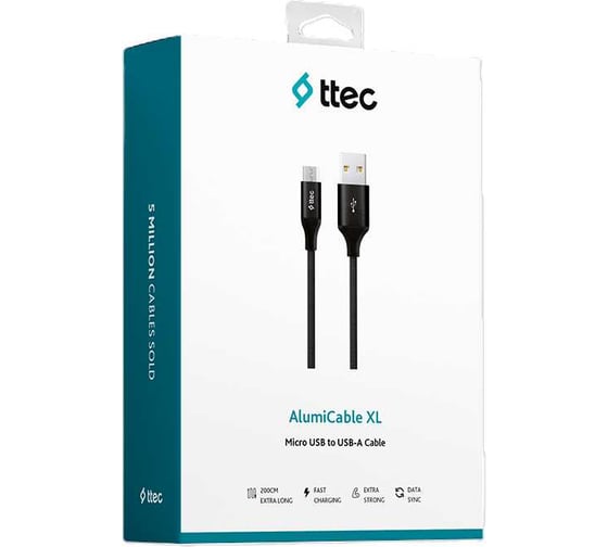 Кабель TTEC AlumiCable USB-A-Micro USB Charge/Data Cable 2.0 XL. Длина: 2м. Цвет: черный 2DK21S