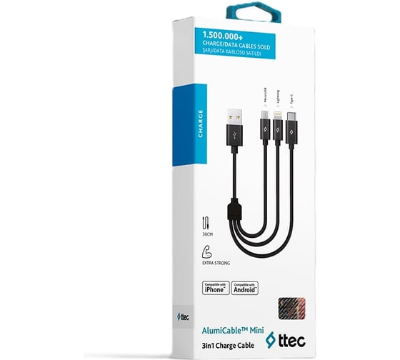 Кабель TTEC тройной Trio Charge / Data Mini Cable/USB-A/Lightning/Micro USB/USB-C. Длина: 30 см. Цвет: черный 2DK31