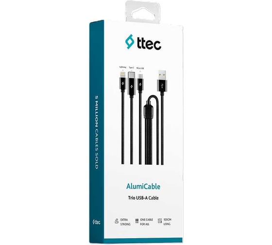 Кабель TTEC тройной Trio Charge/Data Mini Cable Type-C/Lightning/Micro USB. Длина: 120 см. Цвет: черный 2DK7521S