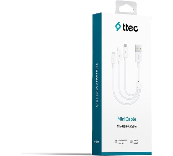 Кабель TTEC тройной Trio Charge / Data Mini Cable/USB-A/Lightning/Micro USB/USB-C. Длина: 30 см. Цвет: белый 2DK13