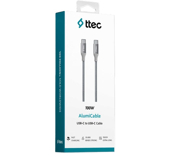 Кабель TTEC USB-C - USB-C AlumiCable 100W PD/Fast Charge Cable. Длина: 150 см. Цвет: серый космос. 2DK53UG