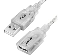 Литой удлинитель USB 2.0 GCR 0.2m AM/AF, прозрачный, 28 AWG, экранирование, армирование, VIV50I528