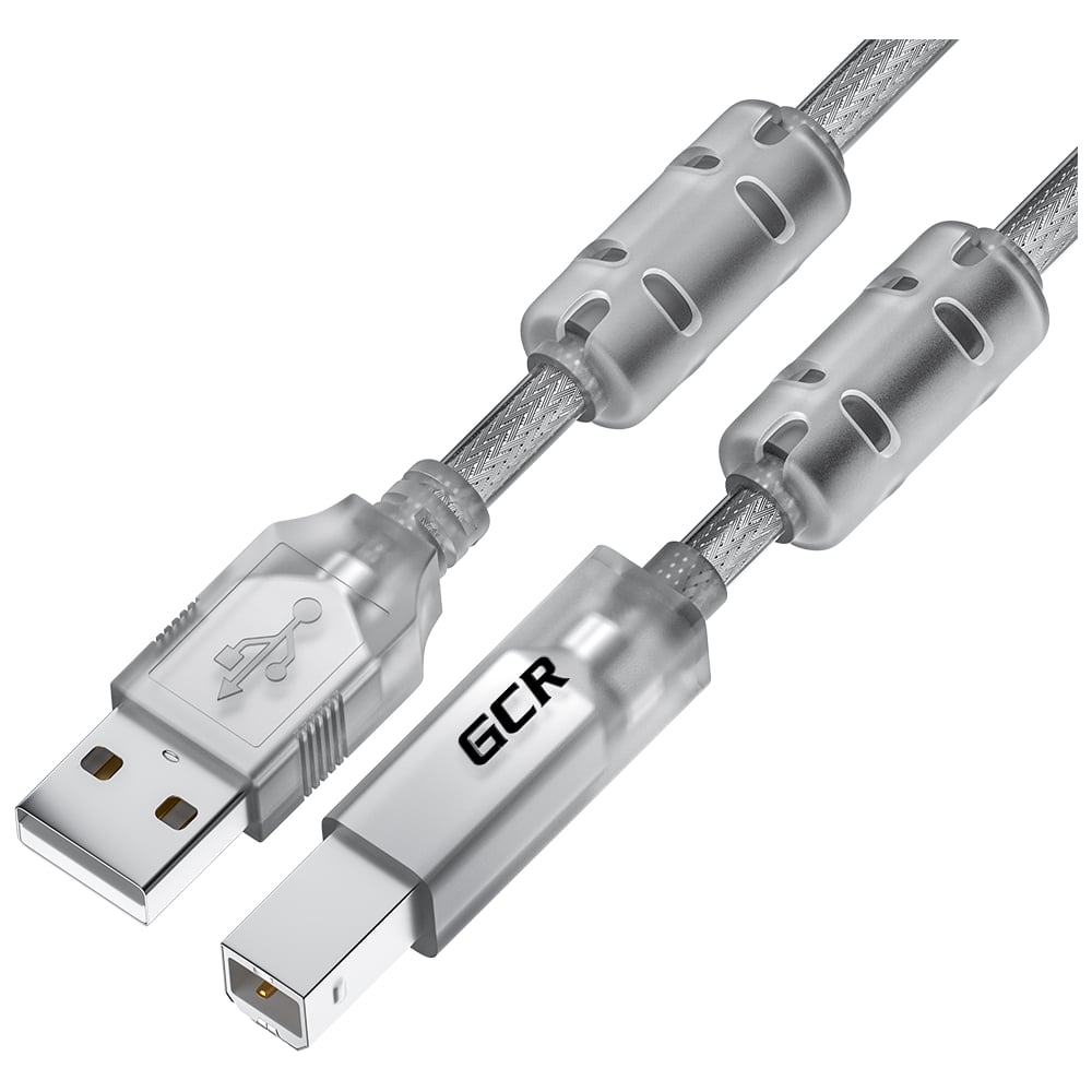Кабель USB 2.0 GCR PROF 1.5m AM/BM, прозрачный, ферриты, 28/24 AWG ...