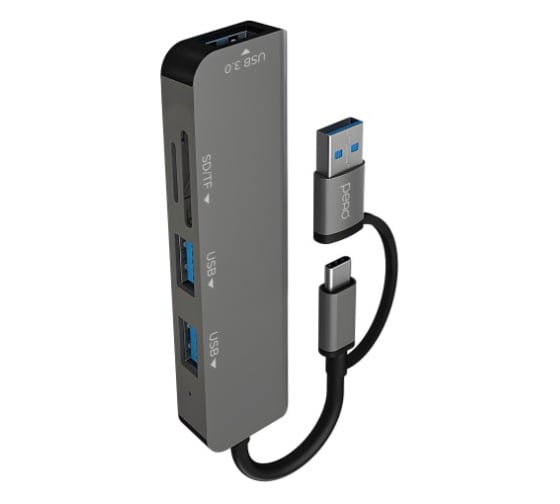 Мульти Хаб PERO MH05, USB-С/USB-A TO SD + TF + USB 3.0 + 2xUSB 2.0, серый MH05GR
